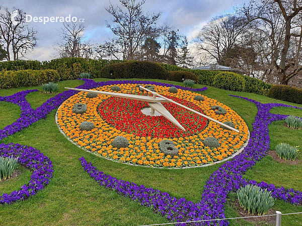 Květinové hodiny v ženevském parku Jardin Anglais (Švýcarsko)