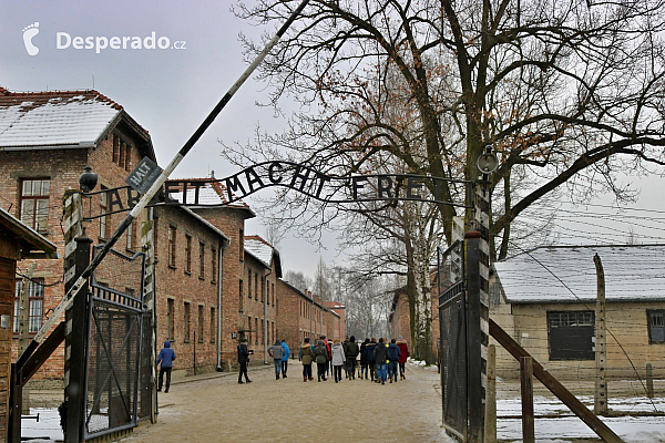 Nápis, který každý z nás jistě zná z učebnic nebo dokumentů o holocaustu (Auschwitz Osvětim - Polsko)