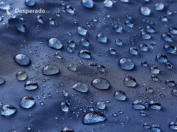 Rain water droplets on waterproof fabric.